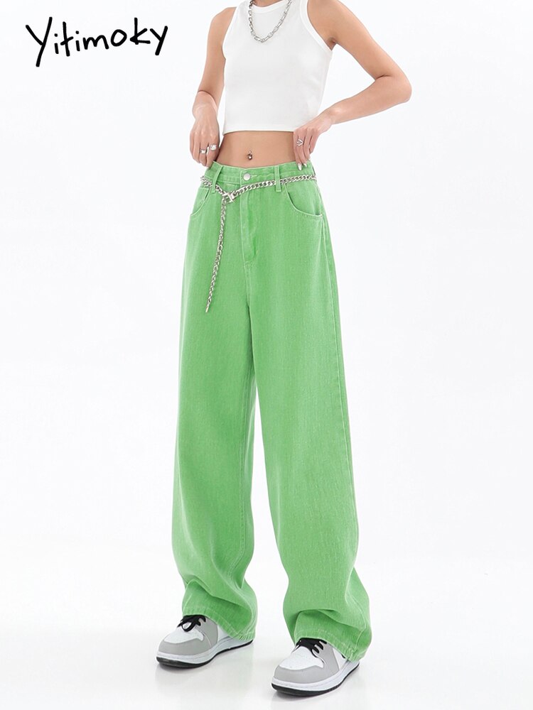 Yitimoky 2022 New Arrival Green Jeans Autumn Women Loose Cotton Denim Full Length Pants Fly Waist Straight Casual Tr